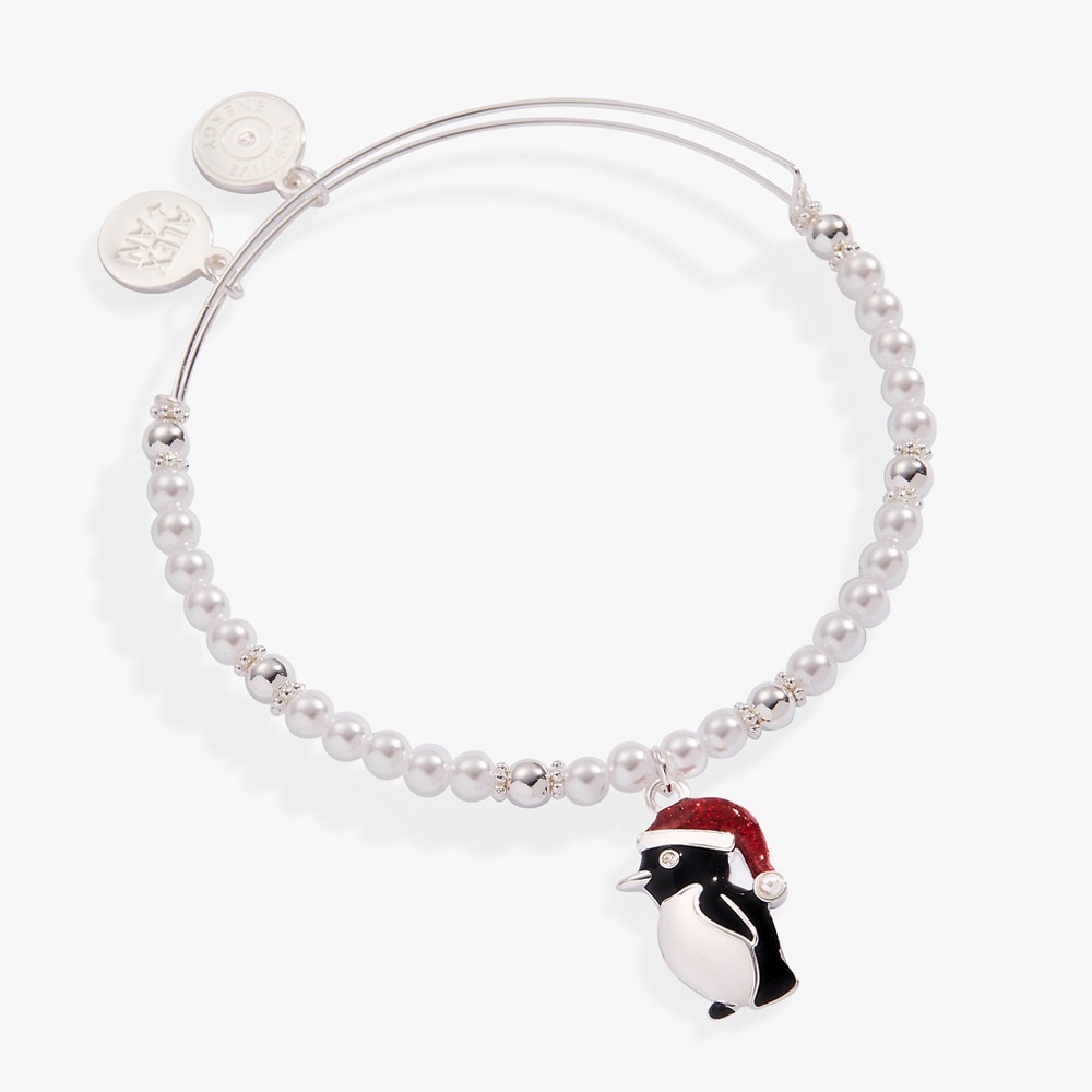 ALEX & ANI•penguin Santa Christmas beaded charm silver bangle bracelet NWT